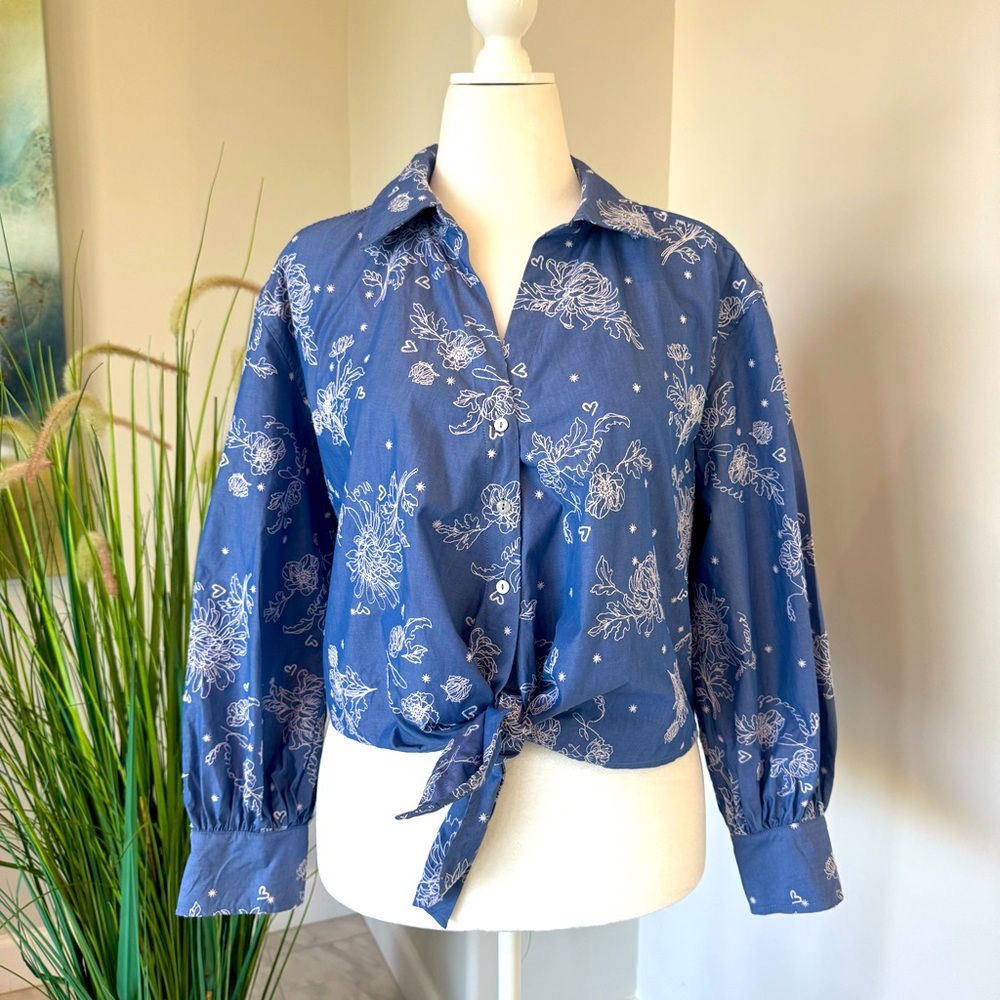 Cinq à Sept Abrielle Embroidered Cotton Tie-Front Top Blue size large